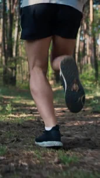 Cierra Las Piernas Atleta Corriendo Bosque Corredor Corriendo Hacer Ejercicio — Vídeos de Stock
