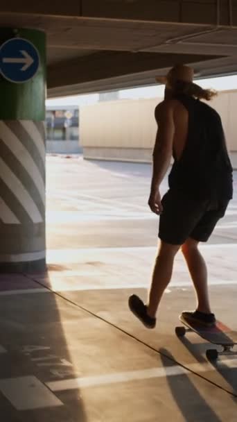 Male Skateboarder Training Urban Car Parking Area Man Urban Clothes — Wideo stockowe