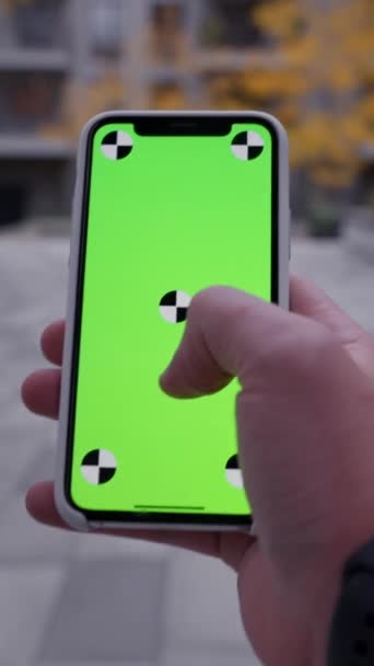 Unrecognizable Person Swiping Using Smartphone Mockup Screen Blurred Background Close — Stock Video
