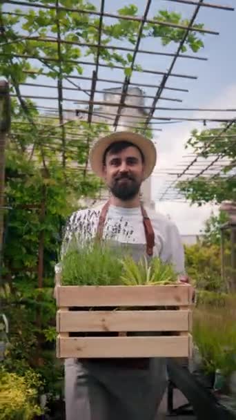 Görünümlü Bir Bahçıvanın Portresi Elinde Tahta Bir Kutu Içinde Süslü — Stok video