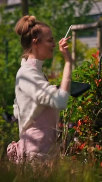 Slow Motion Shot Joyful Woman Florist Typing Tablet Floral Store — Stock Video