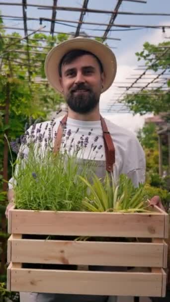 Portrait Confident Men Gardener Holding Wooden Box Pots Decorative Flowers — Stock video