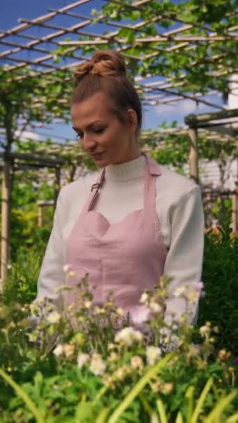 Biała Kobieta Sadzi Kwiaty Podwórku Opiekuje Się Kwiatami Doniczkach Pozowała — Wideo stockowe