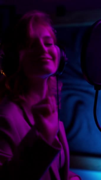 Funky Singer Woman Using Microphone Headphones While Recording Song Neon — Stock videók