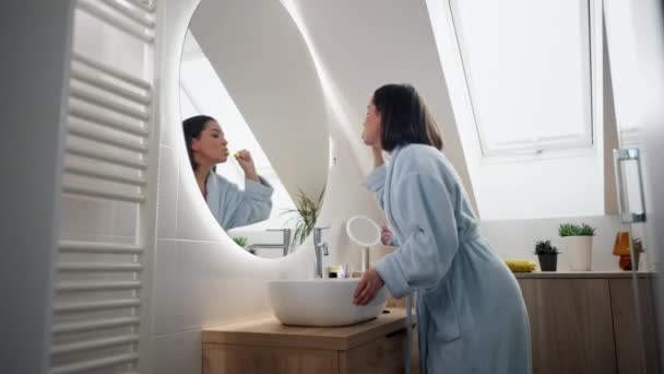 Smiling Young Woman Toothbrush Cleaning Teeth Looking Mirror Home Bathroom — Stock Video