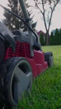 Close up view of the lawn mower mows fresh, green grass on the lawn. Municipal worker with a lawn mower. Lawn care service concept 