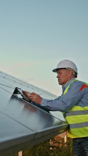 Mature Industrial Worker Using Tablet While Monitoring Rows Photovoltaic Solar Jogdíjmentes Stock Felvétel