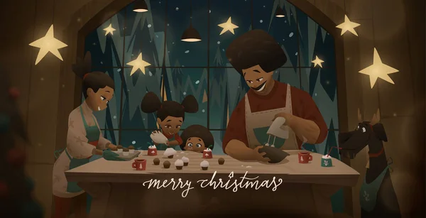 Noite Natal Família Cozinha Processo Cozinhar Com Crianças Pais Animais — Vetor de Stock