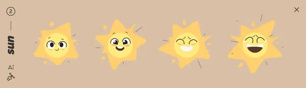 Sun Expressions Set Desenhos Animados Engraçados Design Lacônico Vetor De Stock