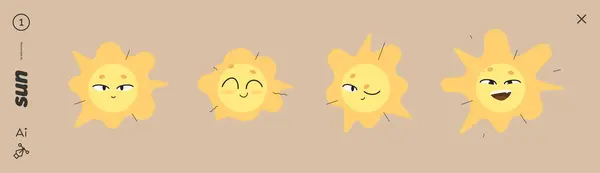 सूर्य अभिव्यक्ति सेट. मजेदार कार्टून लैकोनिक डिजाइन वेक्टर ग्राफ़िक्स