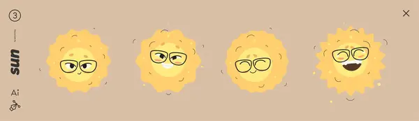 Sun Expressions Set Desenhos Animados Engraçados Design Lacônico Vetores De Stock Royalty-Free