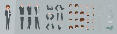 Bir İşadamının Düzenlenebilir Çizgi Film Vektörü. Çeşitli saç stilleri, kolları, bacakları ve gözleri olan düz stil çizen vektör çizimi. Özelleştirme Seçenekleri dahil. Karakter İzleyiciye Bakar