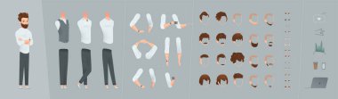 Bir İşadamının Düzenlenebilir Çizgi Film Vektörü. Çeşitli saç stilleri, kolları, bacakları ve gözleri olan düz stil çizen vektör çizimi. Özelleştirme Seçenekleri dahil. Karakter İzleyiciye Bakar