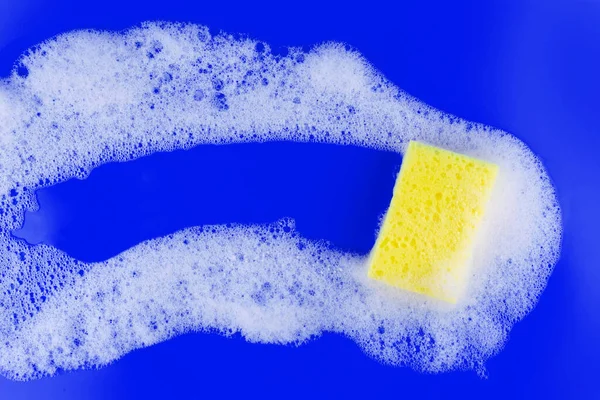 Cleaning Yellow Sponge Soapy Foam Copyspace Blue Background Cleaning Concept — 图库照片