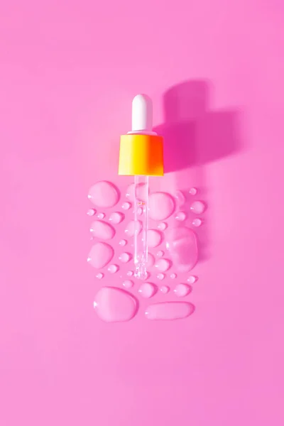 Bottle Drops Aging Emulsion Glass Pipette Light Pink Surface Close — ストック写真