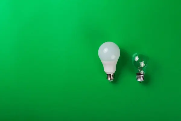 incandescent lamp and led lamps against on isolated green background. Energy efficiency concept. Flat lay. Concept ecology, save planet earth, idea, save energy, economy, saving. Earth day