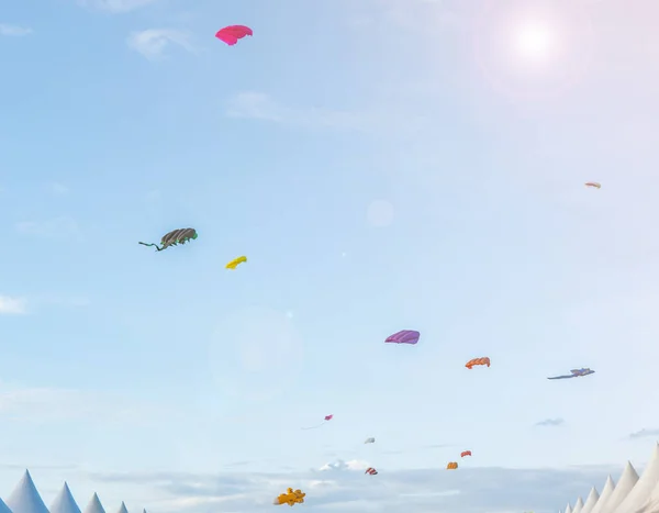 Красочные Воздушные Змеи Летящие Против Ветреной Погоды Хобби Перед Двором — стоковое фото