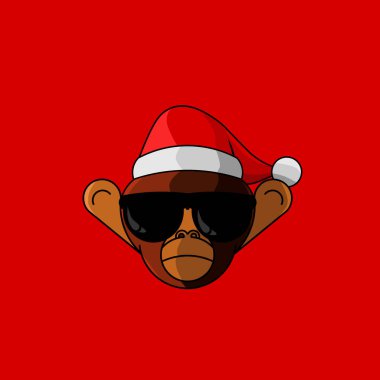 Christmas monkey cartoon  with santa claus cap logo design on isolated background