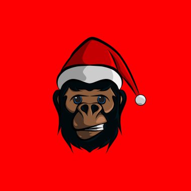 Christmas monkey gorilla cartoon with santa claus cap logo design on isolated background