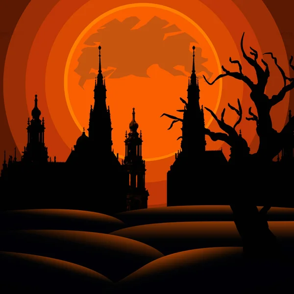 Spooky Castle and Spooky House In The Halloween Night Background Poster Design