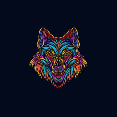 wolf  beast line pop art potrait logo design with dark background