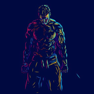 Spor salonundaki fitness oyuncuları pop sanatının logosu koyu arkaplanlı renkli tasarım. Soyut vektör çizimi. Tişört için izole edilmiş siyah arkaplan