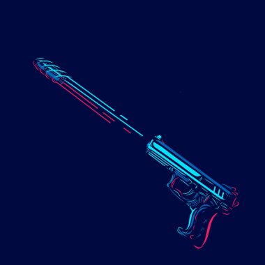 Silah ve kurşun. Pop Art hattı logosu. Koyu arkaplanı olan renkli bir tasarım. Soyut vektör çizimi. Tişört için izole edilmiş siyah arkaplan