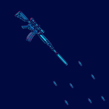 Silahı var. Pop Art hattı logosu. Koyu arkaplanı olan renkli bir tasarım. Soyut vektör çizimi. Tişört ve poster için izole edilmiş siyah arkaplan