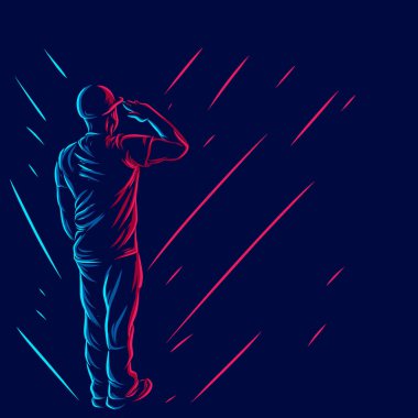 Müteahhit çizgisi, koyu arkaplanlı renkli sanat eseri logosu. Soyut vektör çizimi. Tişört için izole edilmiş siyah arkaplan