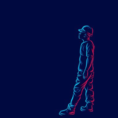 Müteahhit çizgisi, koyu arkaplanlı renkli sanat eseri logosu. Soyut vektör çizimi. Tişört için izole edilmiş siyah arkaplan