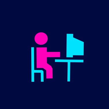 PC logosu neon çizgisi üzerinde çalışan adam. Renkli tasarım, koyu arkaplan.
