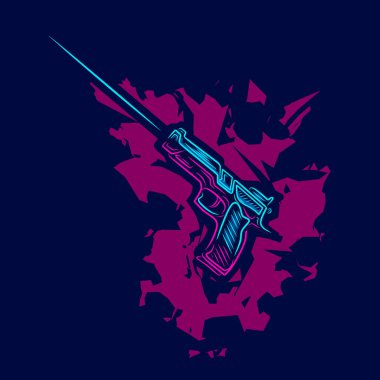 Silah tabancası. Klasik tabanca hattı. Pop Art logosu. Koyu arkaplanı olan renkli bir tasarım. Soyut vektör çizimi. Tişört, poster ve giysi için izole edilmiş siyah arkaplan.