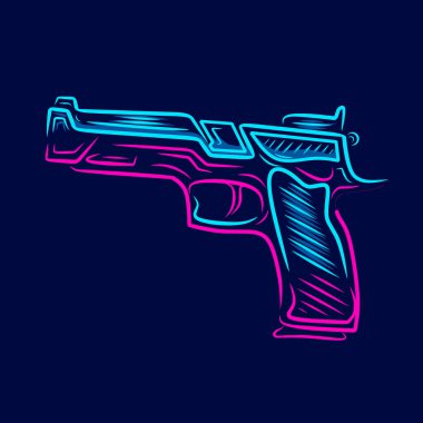 Silah tabancası. Klasik tabanca hattı. Pop Art logosu. Koyu arkaplanı olan renkli bir tasarım. Soyut vektör çizimi. Tişört, poster ve giysi için izole edilmiş siyah arkaplan.