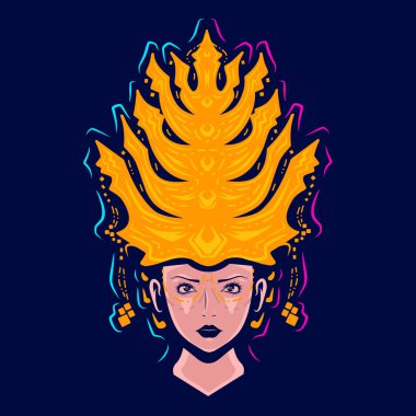 Batak kostümlü kadın baş sanat logosu. Renkli Mandaing Asyalı etnik gelinlik tasarımı. İzole edilmiş vektör koyu arkaplan illüstrasyonu.