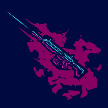 Savaş makinesi. Antika tüfekli silah hattı. Pop Art logosu. Koyu arkaplanı olan renkli bir tasarım. Soyut vektör çizimi. Tişört, poster ve giysi için izole edilmiş siyah arkaplan.