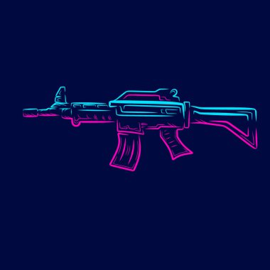 Savaş makinesi. Antika tüfekli silah hattı. Pop Art logosu. Koyu arkaplanı olan renkli bir tasarım. Soyut vektör çizimi. Tişört, poster ve giysi için izole edilmiş siyah arkaplan.