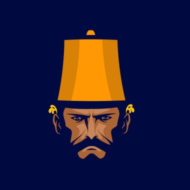 Cava kostümlü adam batik sanat logosu. Renkli Endonezya geleneksel Asya etnik gelinlik tasarımı. İzole edilmiş vektör koyu arkaplan illüstrasyonu.