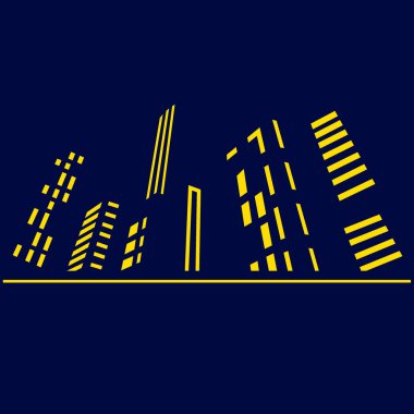 Şehir merkezi gece lambaları sanat tasarımı gökdelenleri, binalar, kuleler. Şehir manzarası parlayan neon, mimari vektör illüstrasyonu.
