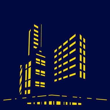 Şehir merkezi gece lambaları sanat tasarımı gökdelenleri, binalar, kuleler. Şehir manzarası parlayan neon, mimari vektör illüstrasyonu.