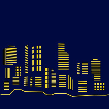 Şehir merkezi gece lambaları sanat tasarımı gökdelenleri, binalar, kuleler. Şehir manzarası parlayan neon, mimari vektör illüstrasyonu.
