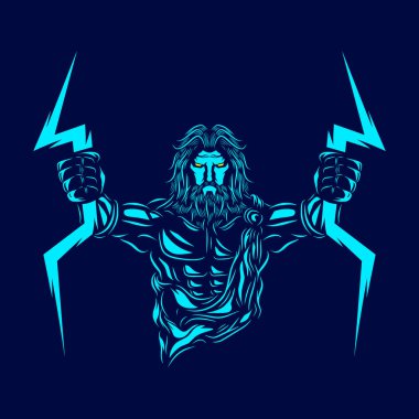 Zeus mitoloji logosu pop sanat portresi koyu arkaplanlı renkli tasarım. Soyut vektör illüstrasyonu.