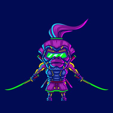 Siberpunk karakter logosu çizgisi pop sanat portresi koyu arkaplanı olan renkli tasarım. Soyut vektör illüstrasyonu.       