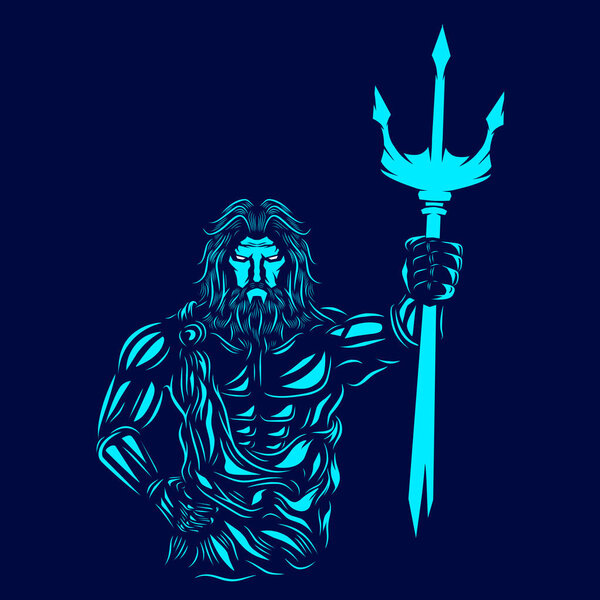 Poseidon the mythology logo line pop art portrait god colorful design with dark background. Abstract vector illustration.