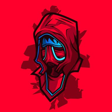 Samuray baş siber punk logo vektör kurgu renkli tasarım çizimi kırmızı arkaplan.