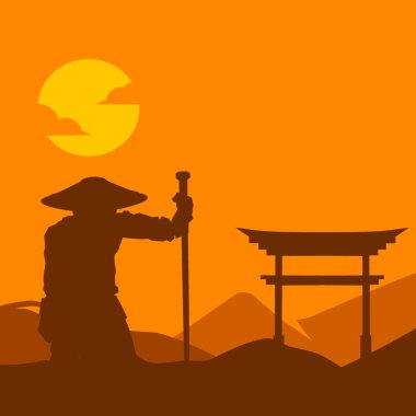 Samuray, Japon şövalye hattı logosu, parlak arka planlı renkli tasarım. Tişört, poster, giysi, giysi, giysi tasarımı