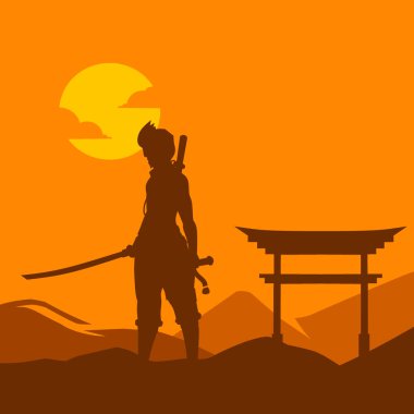 Samuray, Japon şövalye hattı logosu, parlak arka planlı renkli tasarım. Tişört, poster, giysi, giysi, giysi tasarımı