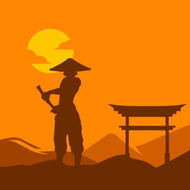Samuray, Japon şövalye hattı logosu, parlak arka planlı renkli tasarım. Tişört, poster, giysi, giysi, giysi tasarımı