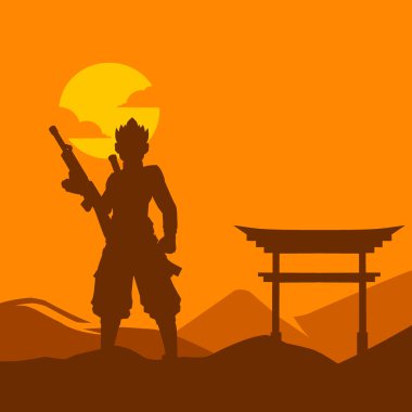 Samuray, Japon şövalye hattı logosu, parlak arka planlı renkli tasarım. Tişört, poster, giysi, giysi, giysi tasarımı