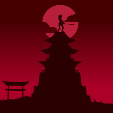 Samuray Japon kılıç şövalyesi ve Sakura çiçek ağacı vektör logosu renkli tasarım. Tişört, poster, giysi, giysi, giysi, rozet tasarımı için arka plan.