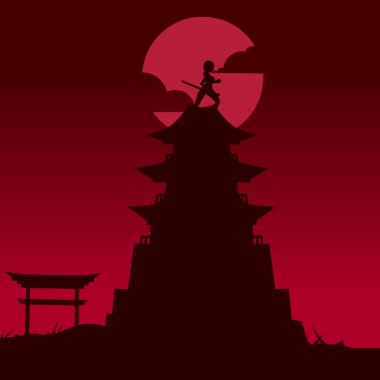 Samuray Japon kılıç şövalyesi ve Sakura çiçek ağacı vektör logosu renkli tasarım. Tişört, poster, giysi, giysi, giysi, rozet tasarımı için arka plan.